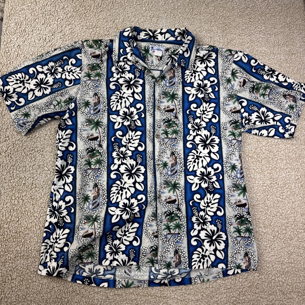Vintage Hawaii Brand USA Made Navy Blue & White Floral Cruise Button Up Shirt XL